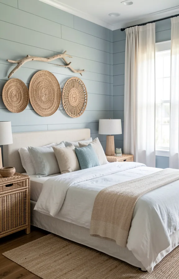 Complete coastal bedroom with shiplap wall painted soft blue-grey