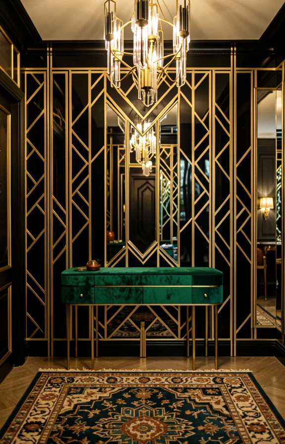 Full art deco entryway with geometric wall mural in black and gold