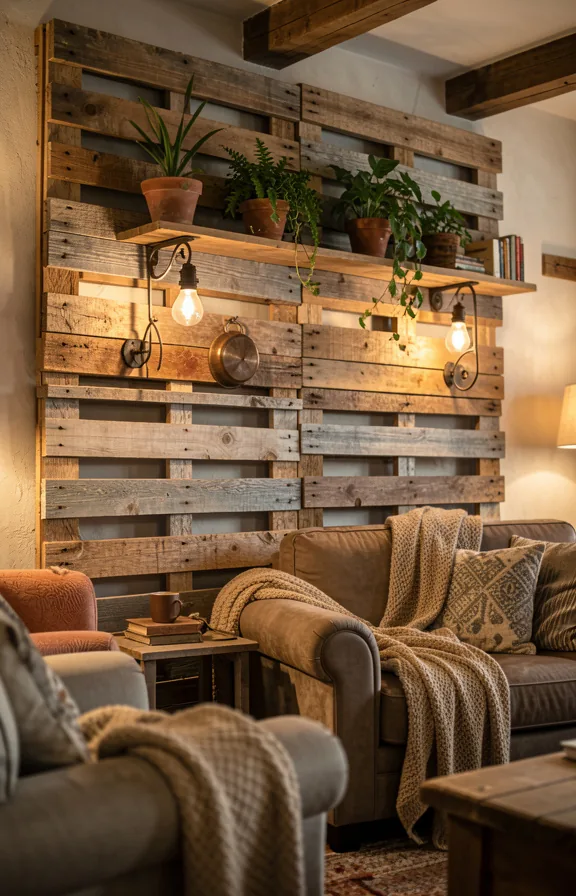 Complete rustic room featuring reclaimed wooden pallet wall as focal point