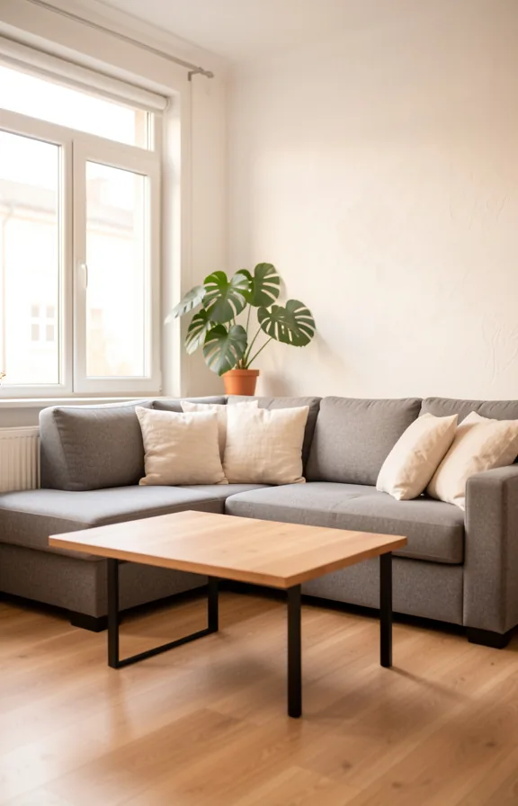 cream linen throw pillows, natural wood coffee table with black metal legs