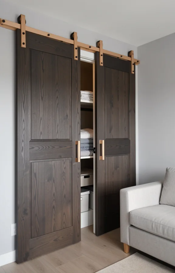 light grey walls flanking door, simple sofa visible to side