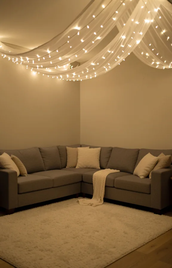 Medium shot of living room with warm white string lights draped in soft canopy pattern above grey