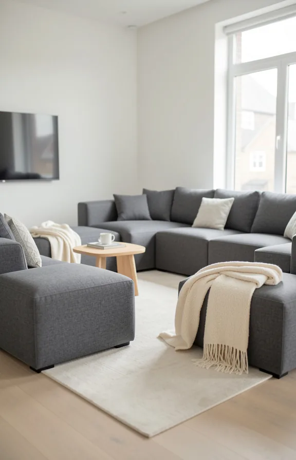 light wood side tables, cream throw blankets, light flooring