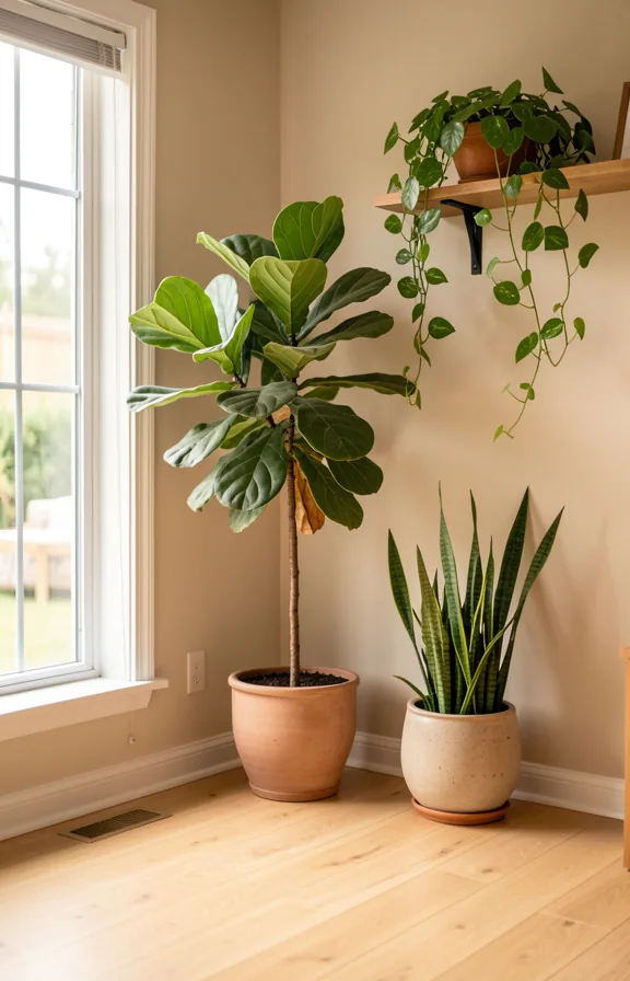 Full corner view of living room with tall potted fiddle leaf fig beside window