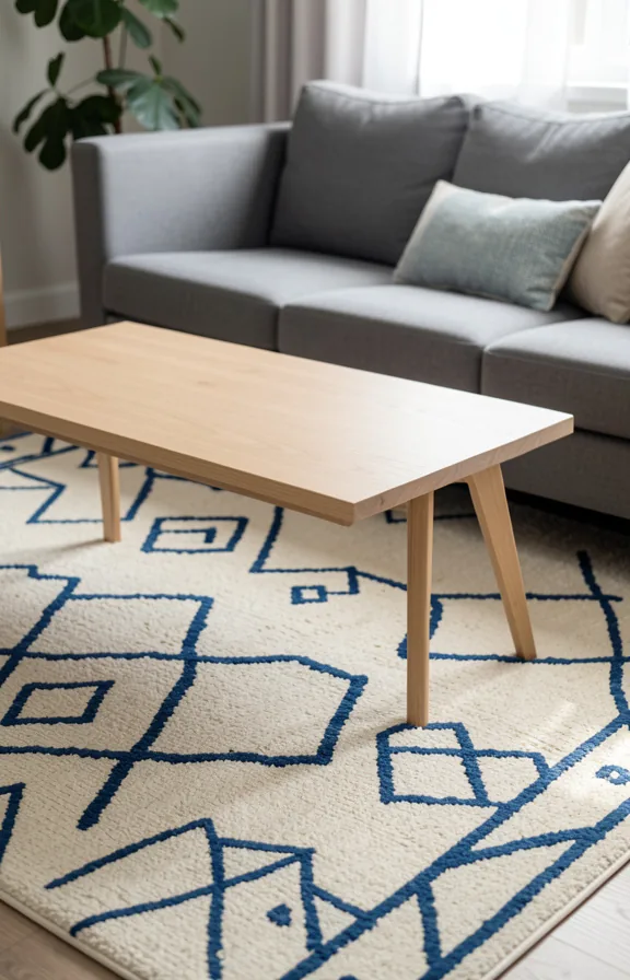 3/4 shot of living room with geometric patterned area rug in cream with blue geometric shapes