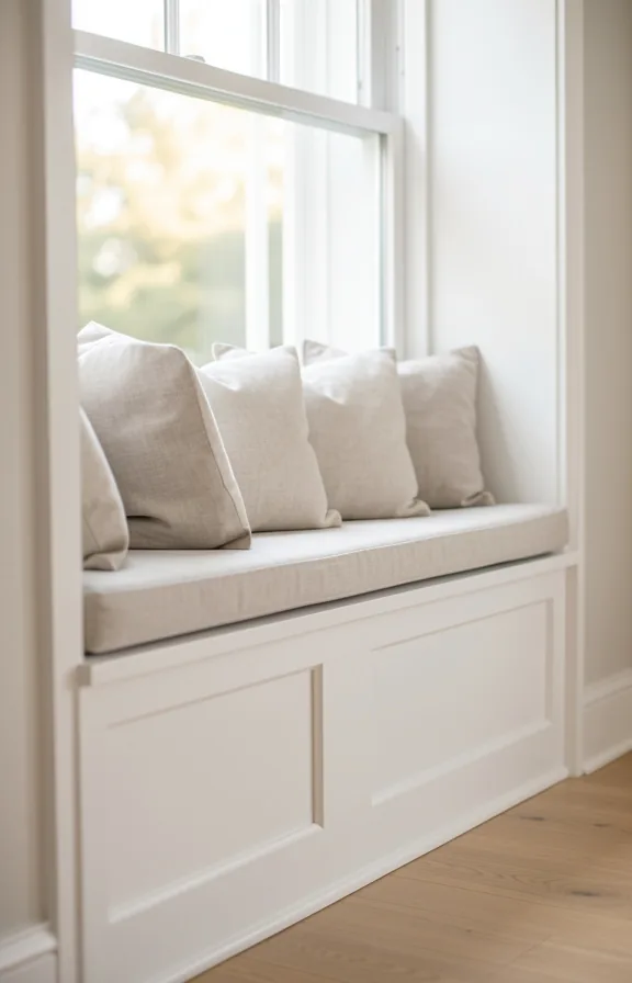 built into white wooden frame beneath tall window