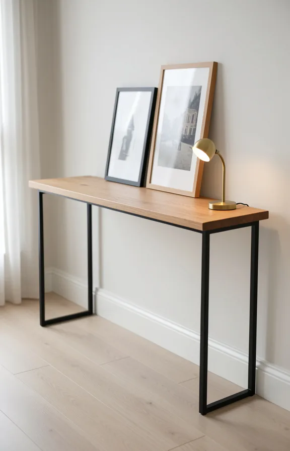 Medium angle of console table made from natural wood top and metal frame in warm black