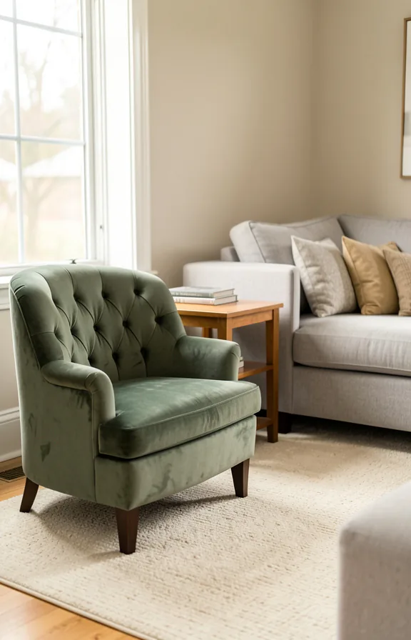 Full living room corner with tufted velvet accent chair in deep sage green