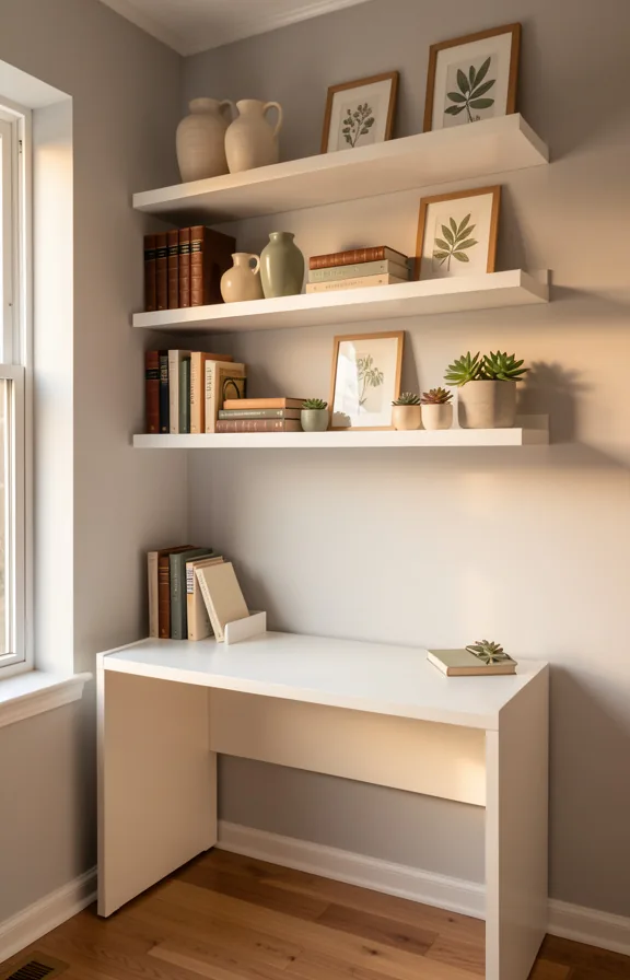 3/4 angle of white floating shelves mounted across accent wall above a compact desk