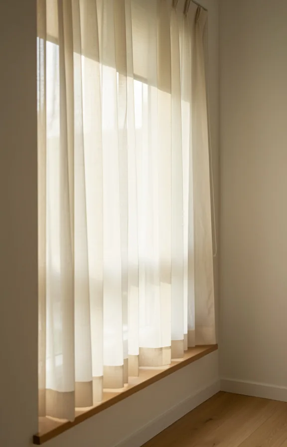 3/4 view of window with layered sheer cream curtains over roller shade