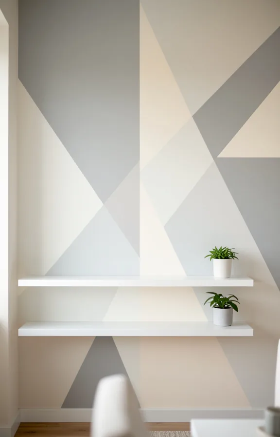 Medium shot of neutral living room wall with geometric wall decals in soft grey and cream creatin