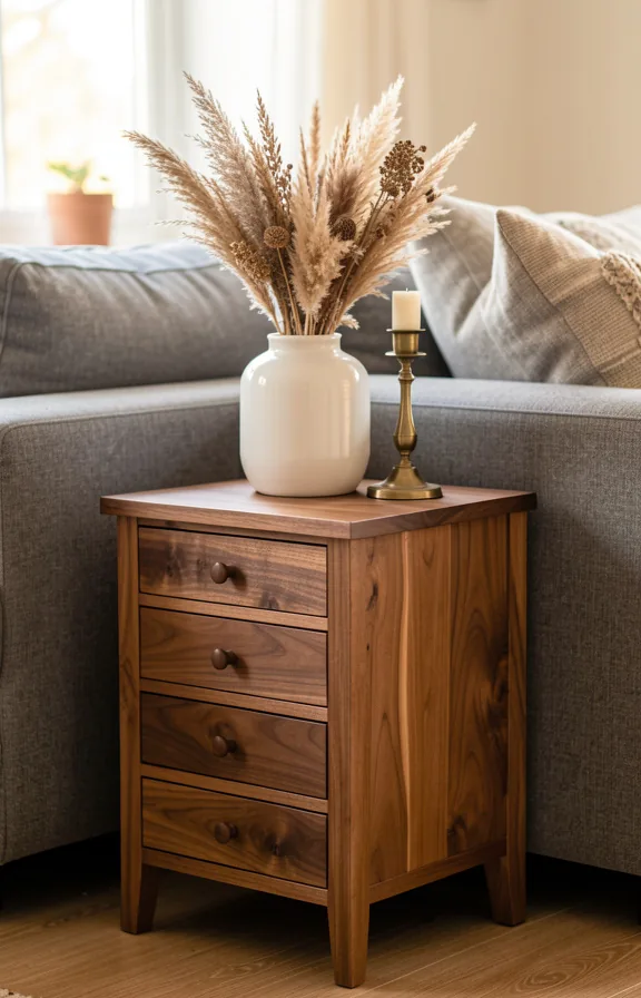 topped with white ceramic vase holding dried grasses and small vintage brass candlestick