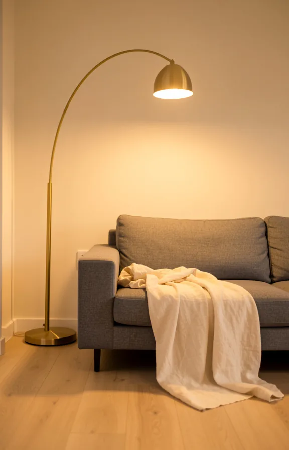 Full living room view with arched brass floor lamp standing beside compact grey upholstered sofa