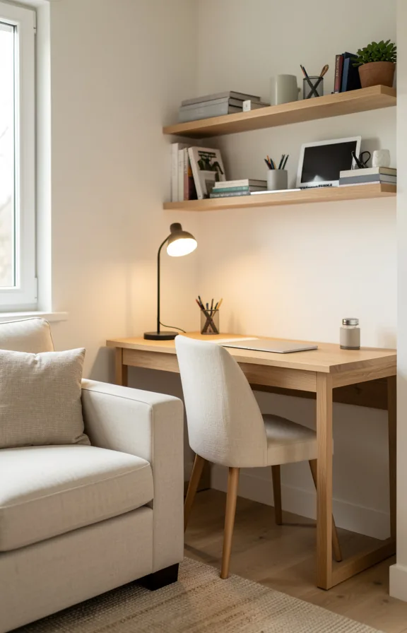 3/4 angle of living room corner with small desk workspace integrated beside sofa