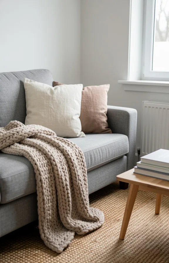 Medium shot of living room corner with layered textiles on grey sofa