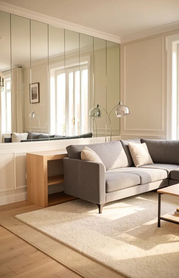 Full living room view with mirrored accent wall reflecting natural light