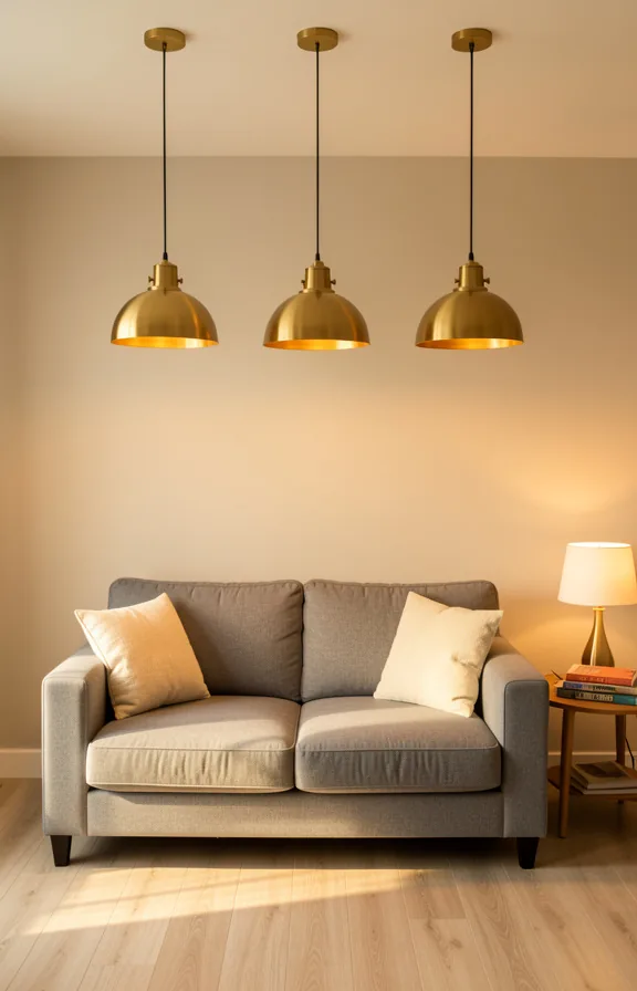 brass fixtures reflecting warm light, cream upholstery, light wood floor