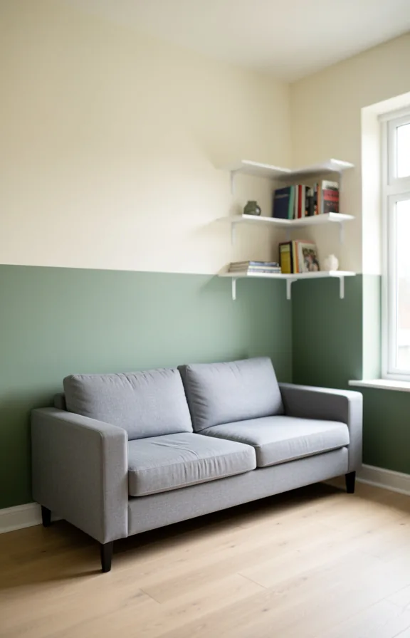 Medium shot of living room with lower half painted sage green and upper half soft cream