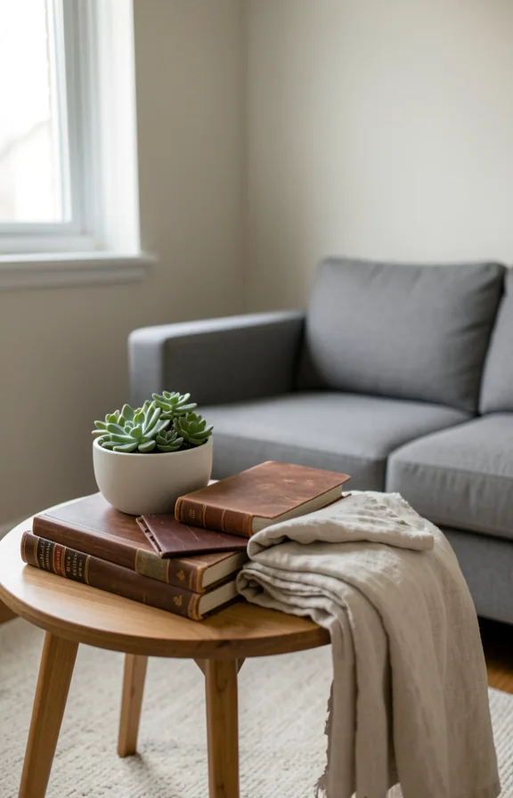 3/4 view of compact living room with small round wooden coffee table styled with leather-bound books