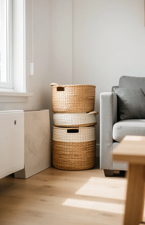 baskets tucked beside grey sofa, light wood flooring
