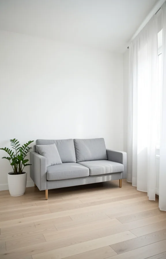 light oak flooring, one simple gray sofa against a blank wall