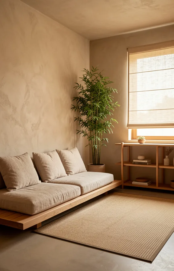 low wooden platform sofa with natural linen cushions