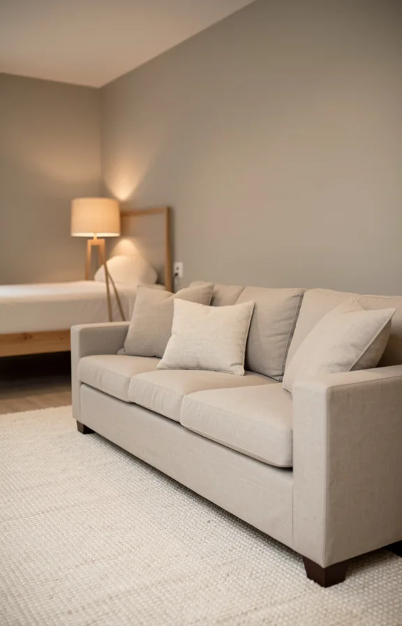 light beige linen sofa and throw pillows, cream textured area rug