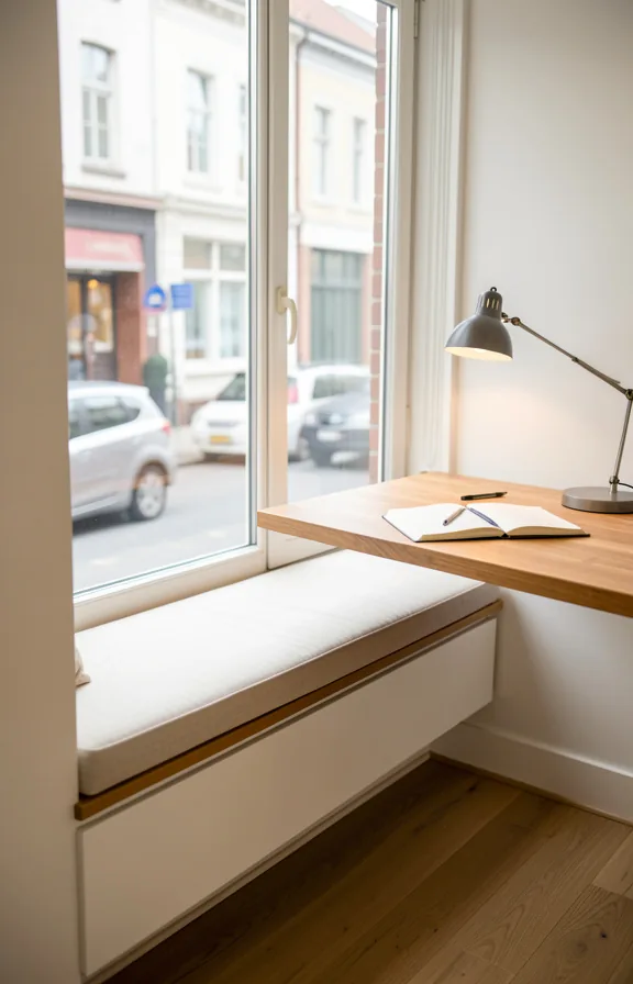 floating wooden desk beside seat with desk lamp