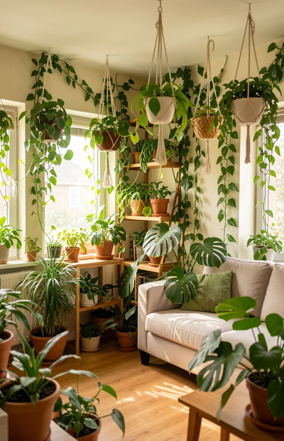 potted plants at various heights on shelves and floor