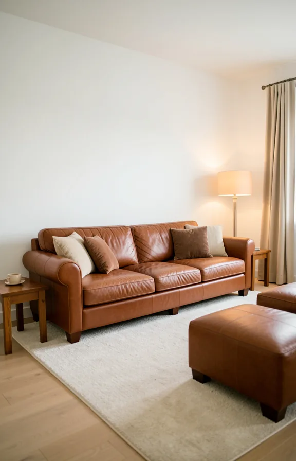 simple white walls, wooden side tables, soft area rug underneath