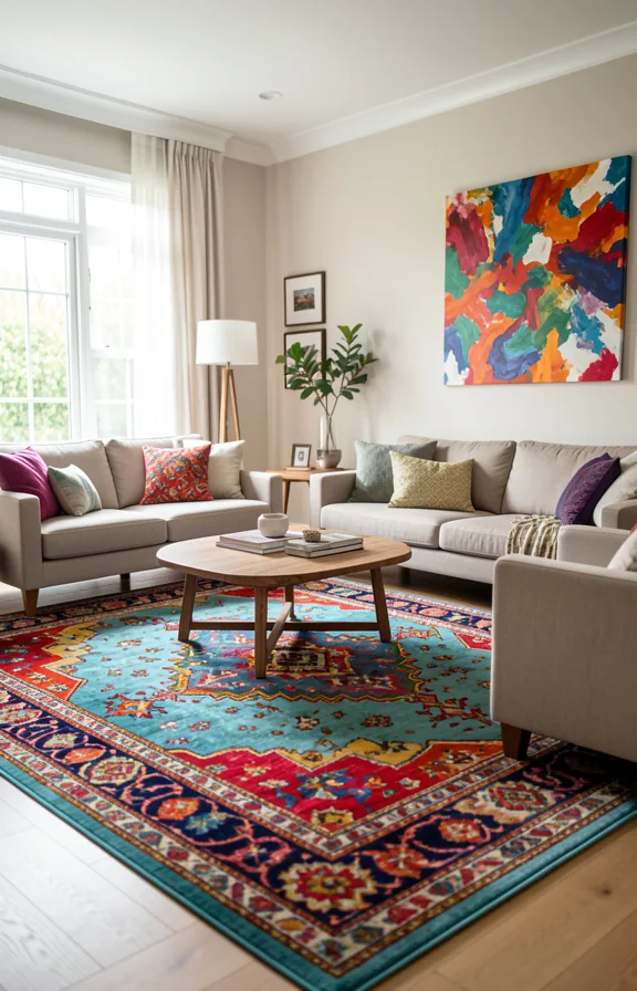 light walls and furniture arranged around the rug's colors
