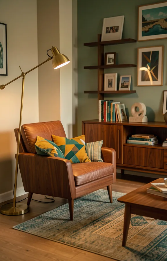 warm walnut tones, geometric patterned throw pillows in mustard and teal