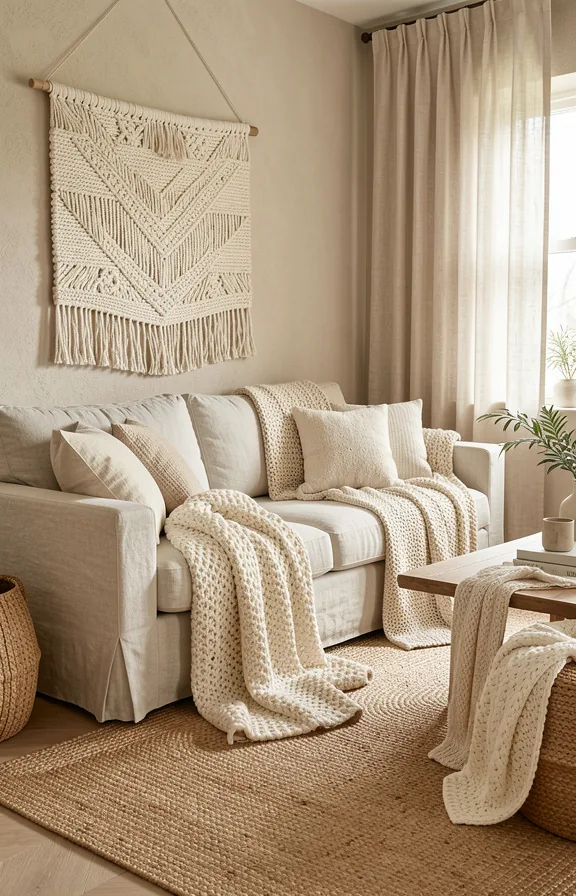 chunky knit throws draped over seating, woven wall tapestry in cream tones