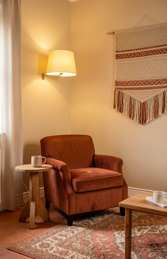 terracotta floor rug, rust-colored velvet armchair, wooden side table with ceramic mug