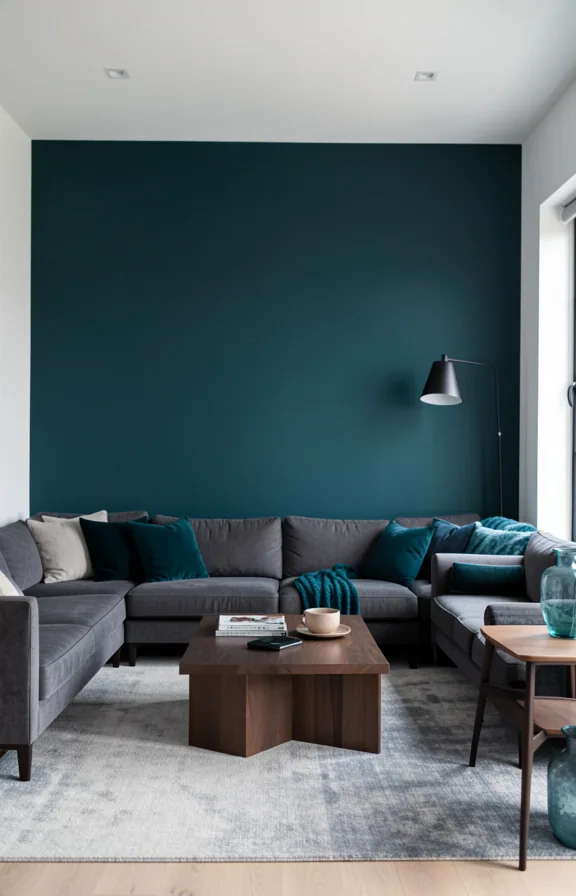 white or light gray adjacent walls, furniture arranged to highlight the feature wall