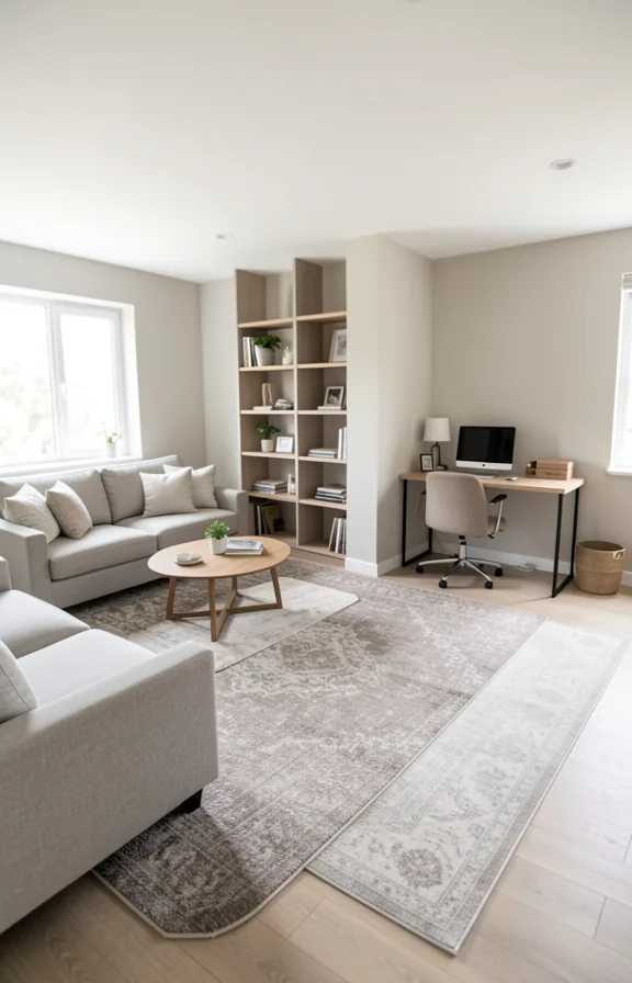 sofa creating living area, small desk in corner for work