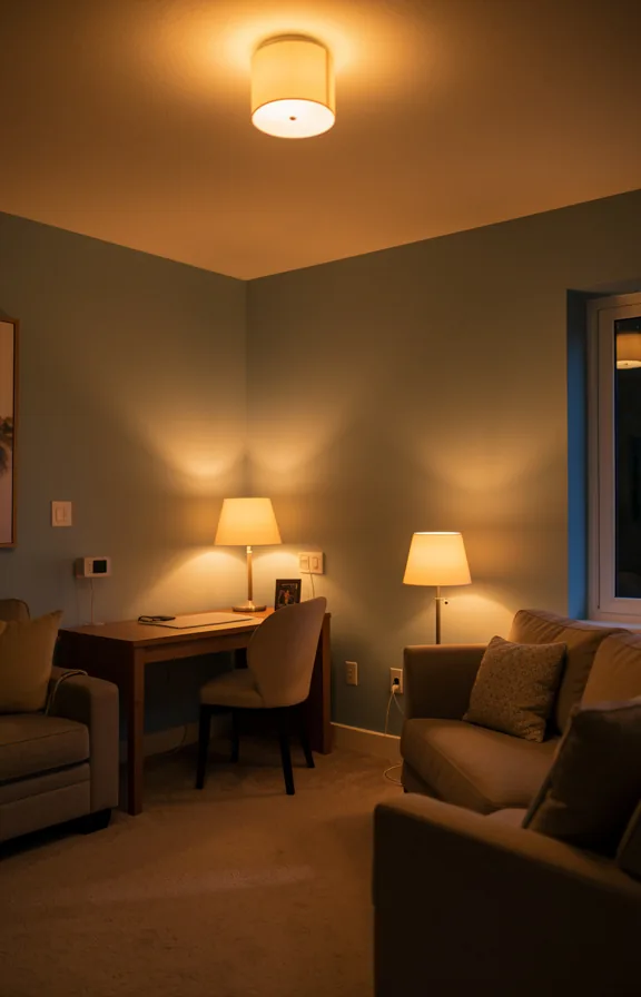 desk lamp, and table lamp creating pools of light