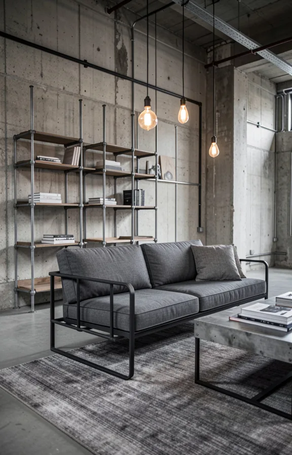 steel pipe shelving, dark metal-frame sofa with gray upholstery