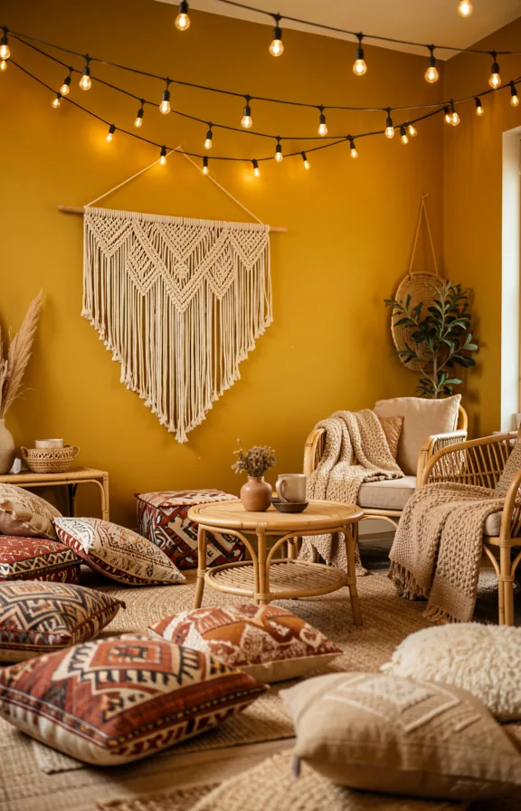 macrame wall hanging, low rattan furniture, patterned floor cushions scattered about