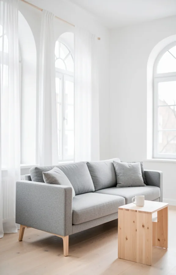 pale birch wooden furniture, gray wool sofa with minimal pillows