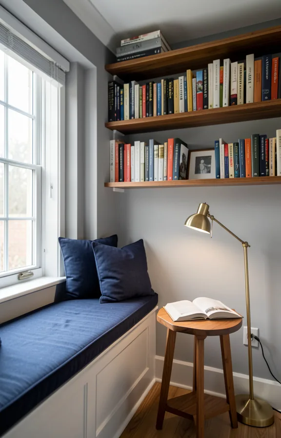 built-in window seat with navy cushions, wooden shelves packed with books above seating