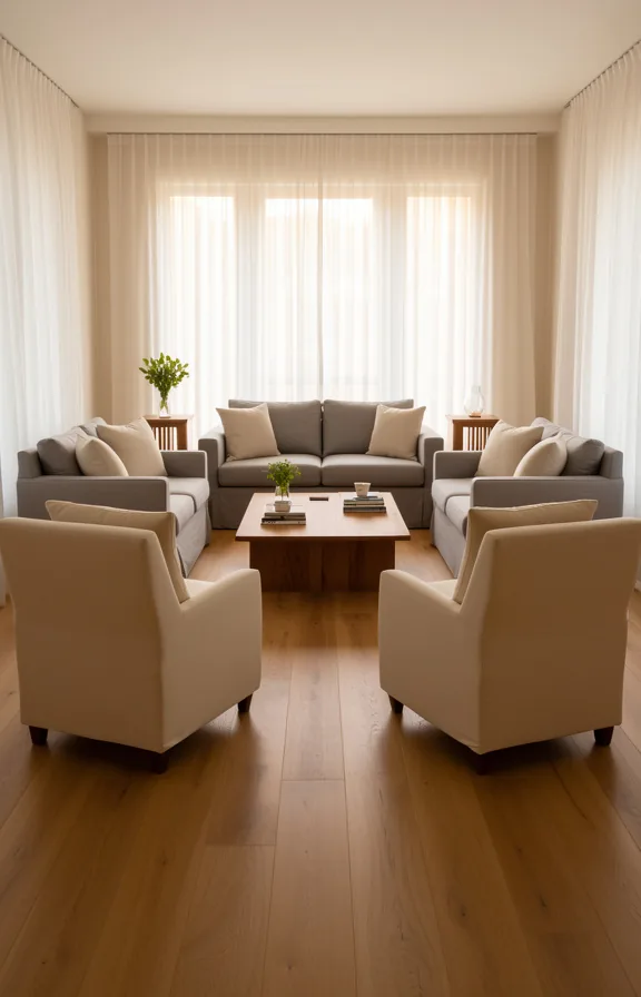 identical side tables flanking the sofa, soft gray linen seating