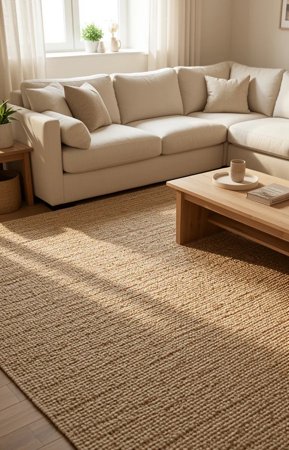 cream and natural wood tones throughout, soft afternoon light creating shadows on the rug texture