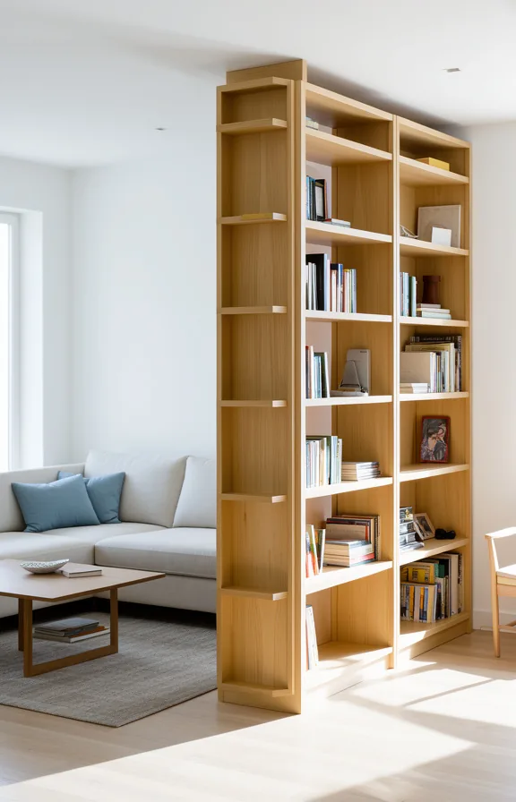 Medium shot of a living room where a tall blonde wood bookcase stands perpendicular to the seating