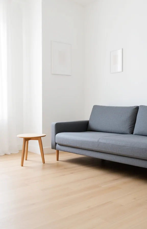 3/4 view of a Scandinavian-style living room with a low-profile gray sofa