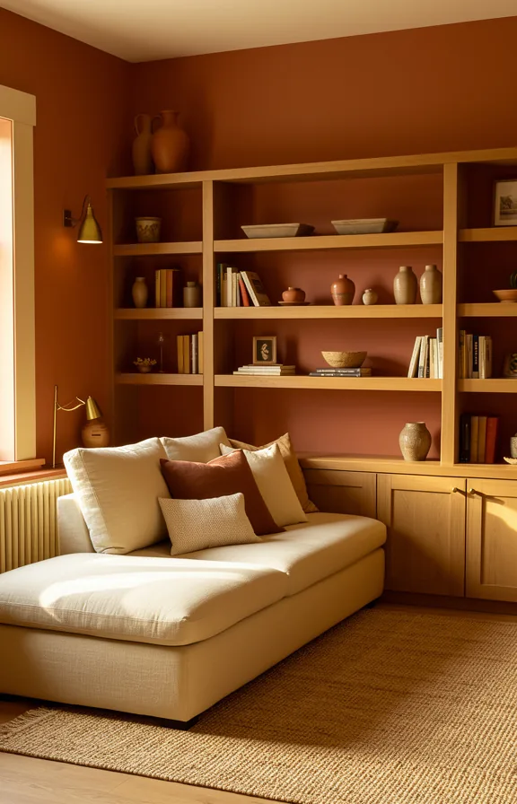 cream-colored low sofa, natural wood shelving with warm brass details