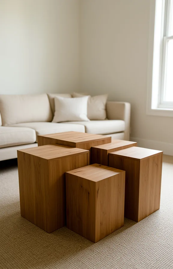 Medium angle of a small living room with a modular coffee table arrangement of three wooden block
