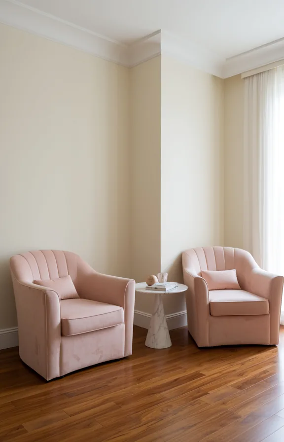 3/4 view of a living room with two soft blush velvet armchairs positioned at angles to a small ro