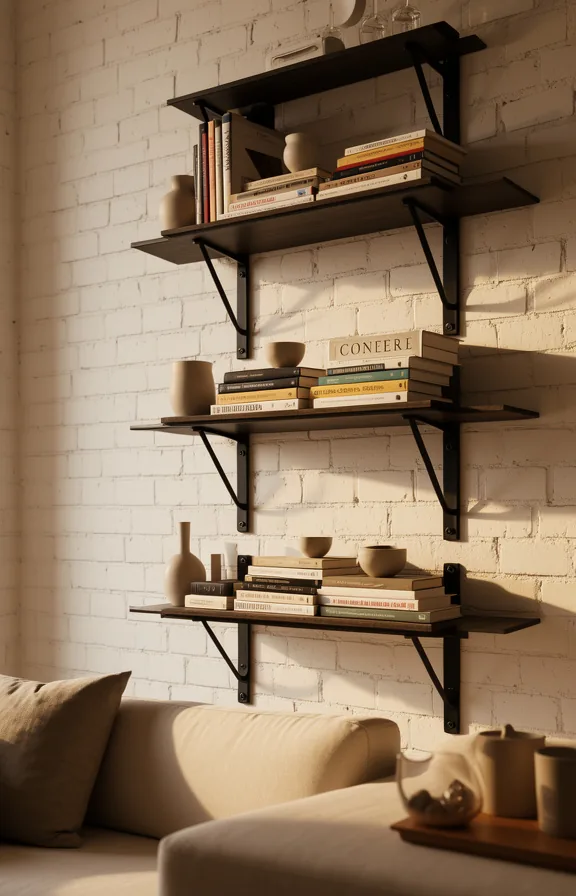 stacked with books and neutral ceramics, exposed brick or white wall behind