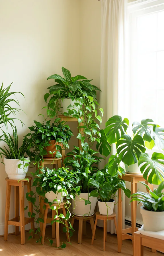 trailing pothos and monstera deliciosa, natural wood plant stands